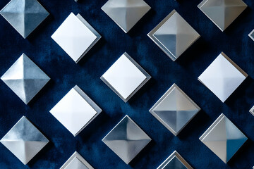 Fototapeta premium Geometric Harmony, A Pattern of Silver and White Squares on Deep Blue Velvet, Evoking Modern Elegance and Sophisticated Design with Subtle Reflections
