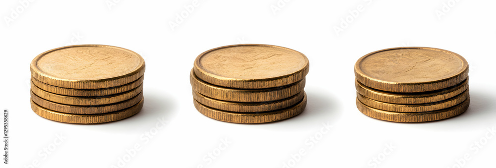 Poster golden stacks, a minimalist composition of three stacks of golden coins on a pristine white backgrou