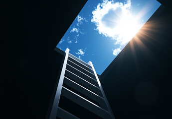 Inspirational image of a ladder reaching upwards to a sunny blue sky, symbolizing ambition and the path to success.