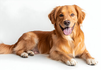 Fototapeta premium Golden Retriever radiates joy, lying on its side with its tongue delightfully out, showcasing the simple pleasure of animal companionship on white background