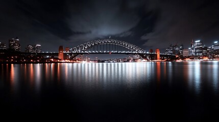 Fototapeta premium Sydney Harbour Bridge at night with city lights reflecting in water.