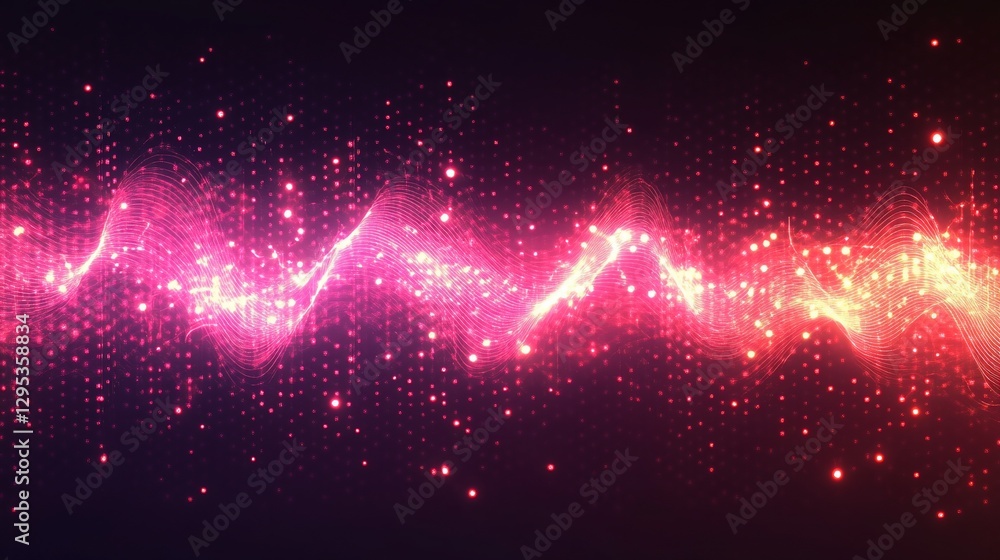 Poster abstract magenta and red glowing wavy lines with small light dots background