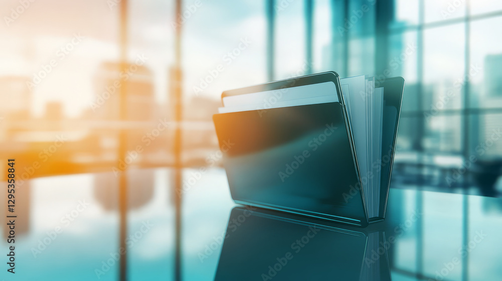 Poster close up of folder icon with business files in modern office setting