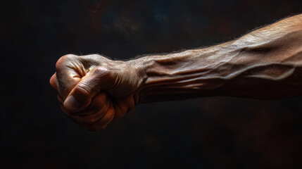 Obraz premium A muscular forearm and clenched hand resting on a simple matte backdrop, veins slightly protruding, captured in a tight-frame close-up