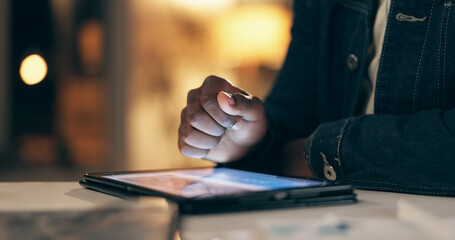 Black man, tablet and working at night in office with browsing on social media for leisure. Online marketing, planning or campaign for elections in America with overtime for brand, workaholic and job
