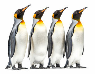 Obraz premium Group of Emperor Penguins on White Background, showcasing wildlife beauty, ideal for educational resources, nature documentaries, and conservation awareness campaigns