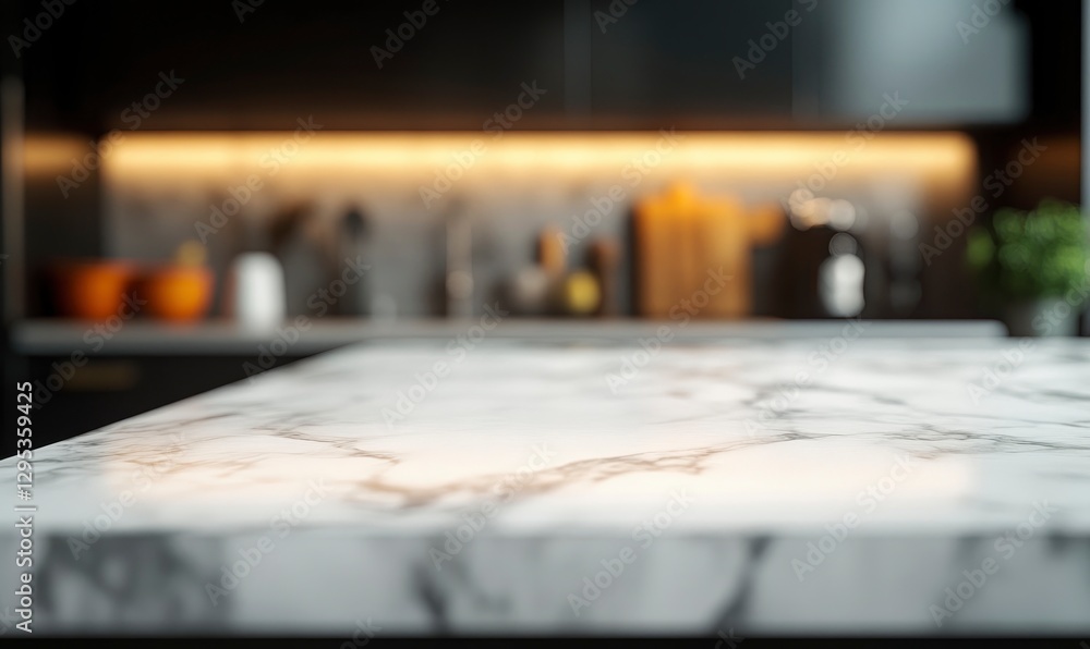 Poster marble countertop in a modern kitchen, with a blurry background and bokeh effect. rendered using unr