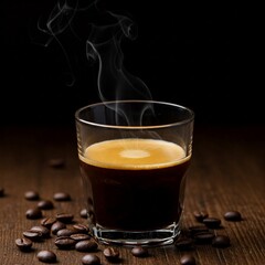 A Glass of Espresso on a Wooden Table with Coffee Beans and Rising Steam in a Moody, Dark Setting.