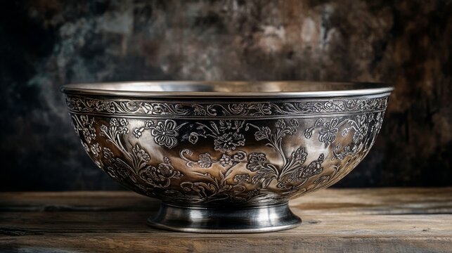 116.A beautifully crafted antique silver bowl, adorned with intricate dark engravings and floral motifs, positioned elegantly on a wooden table to highlight its vintage charm.