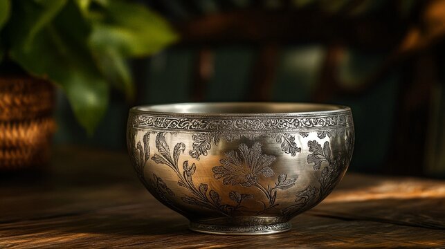 116.A beautifully crafted antique silver bowl, adorned with intricate dark engravings and floral motifs, positioned elegantly on a wooden table to highlight its vintage charm.