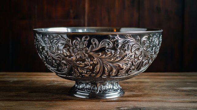 116.A beautifully crafted antique silver bowl, adorned with intricate dark engravings and floral motifs, positioned elegantly on a wooden table to highlight its vintage charm.