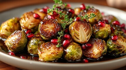 Roasted Brussels sprouts with pomegranate, thyme on plate