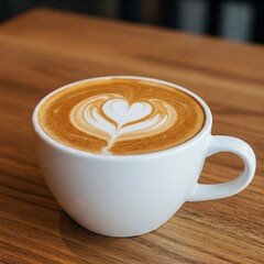 Close-Up of a White Coffee Cup with Heart-Shaped Latte Art on a Wooden Table – Warm and Cozy Café Atmosphere