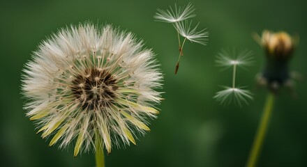 Obraz premium A vibrant yellow dandelion in full bloom next to a delicate white seed head, showcasing the beauty of nature’s life cycle against a lush green background