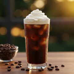 A Refreshing Glass of Iced Coffee Topped with Whipped Cream – Cool and Indulgent Beverage
