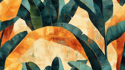 Banana leaves in oversized abstract forms, painted with earthy tones of sage green, burnt orange, and mahogany, textured with expressive oil brushstrokes, a vibrant and rustic composition.