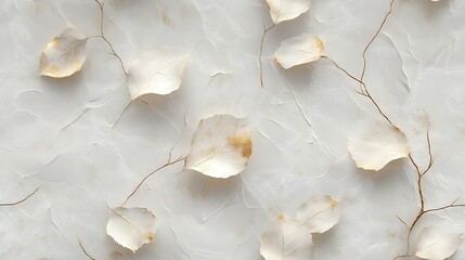 Birch leaves in an abstract white and gold palette, delicate bark-textured designs creating a harmonious pattern, subtle metallic reflections, glowing softly in a warm light,