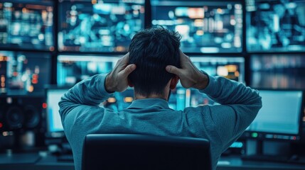 Man Looking Away From Multiple Monitors In A Dark Room