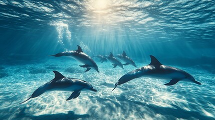 Naklejka premium Sunlit Oceanic Ballet: Dolphins Grace the Underwater Realm