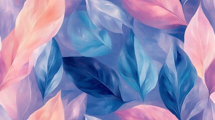 Candy-colored leaves in a repeating abstract design, featuring flowing shapes and soft edges, pastel shades of peach, teal, and lilac blending harmoniously, oil painting style with rich texture,