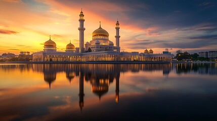 Naklejka premium Majestic Sunset Reflection of Sultan Salahuddin Abdul Aziz Shah Mosque