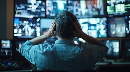 Man Overwhelmed by Information on Screens