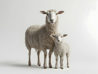 Fototapeta premium Heartwarming Portrait of a Ewe and her Lamb, A Bond of Love and Protection in the Animal Kingdom Featuring a Peaceful Scene on Clear Background