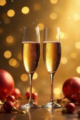 Elegant champagne flutes, gold backdrop, festive balloons, bokeh lights , bubbles, special occasion, golden hour