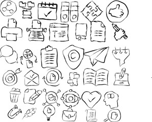 Collection of copyright line icons in doodle style .hand drawn icon Writer pen and typewriter for writing articles, magnet for attracting blog followers and feedback, new ideas for text thin black