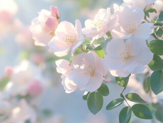 Delicate pastel roses in soft sunlight, garden setting