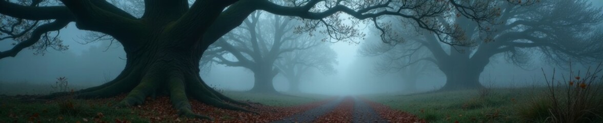 Fog shrouds gnarled oak branches, path barely visible , mysterious, visual, vibe