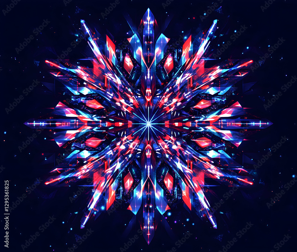 Poster hypnotic geometric starburst with red and blue light emanating from a central point creating a capti