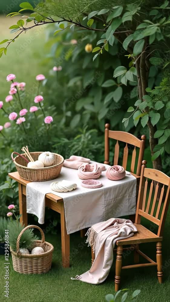 Poster a table with a basket of yarn and a vase of flowers. the yarn is in different colors and sizes