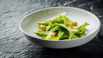 96.A close-up image of a classic Caesar salad, served on a modern minimalist ceramic plate, with visible layers of greens, croutons, and dressing, beautifully juxtaposed against the dark texture of