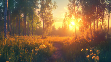 Obraz premium Serene sunset illuminating a picturesque path through a sun-drenched birch forest, wildflowers adding vibrant color.