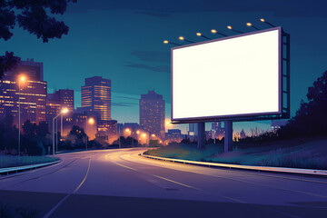 Illuminated Billboard Overlooking the Night City Skyline at Dusk Offering Advertising Space for Marketing Campaigns and Promotional Content Display