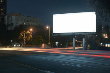 Illuminated Billboard on Urban Road at Night with Light Streaks, Perfect for Advertising Mockups and Urban Design Projects, Promoting City Life