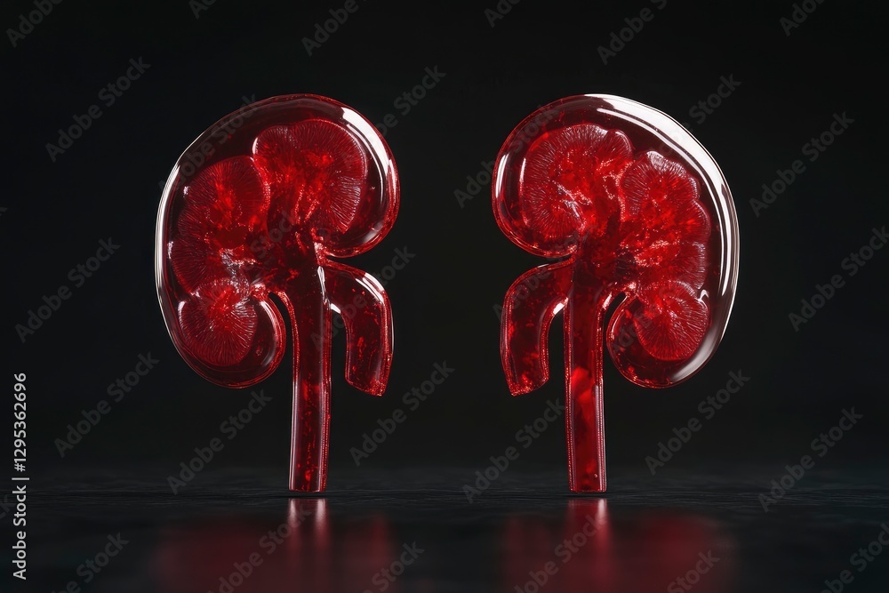 Poster a human patient's left and right kidneys with a dark background, focusing on the red color theme in 