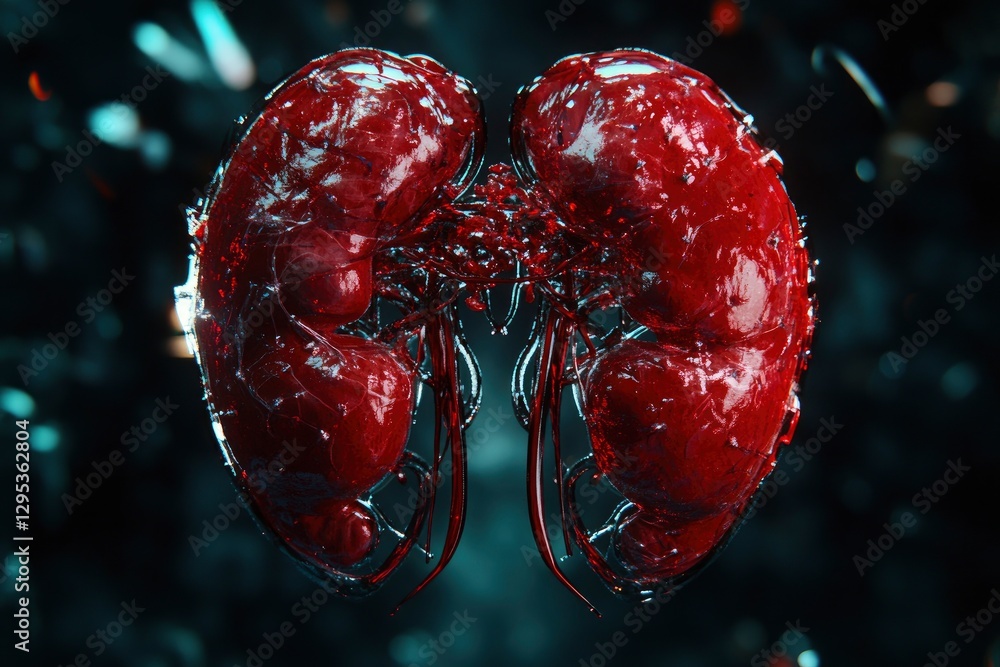 Poster a human patient's left and right kidneys with a dark background, focusing on the red color theme in 