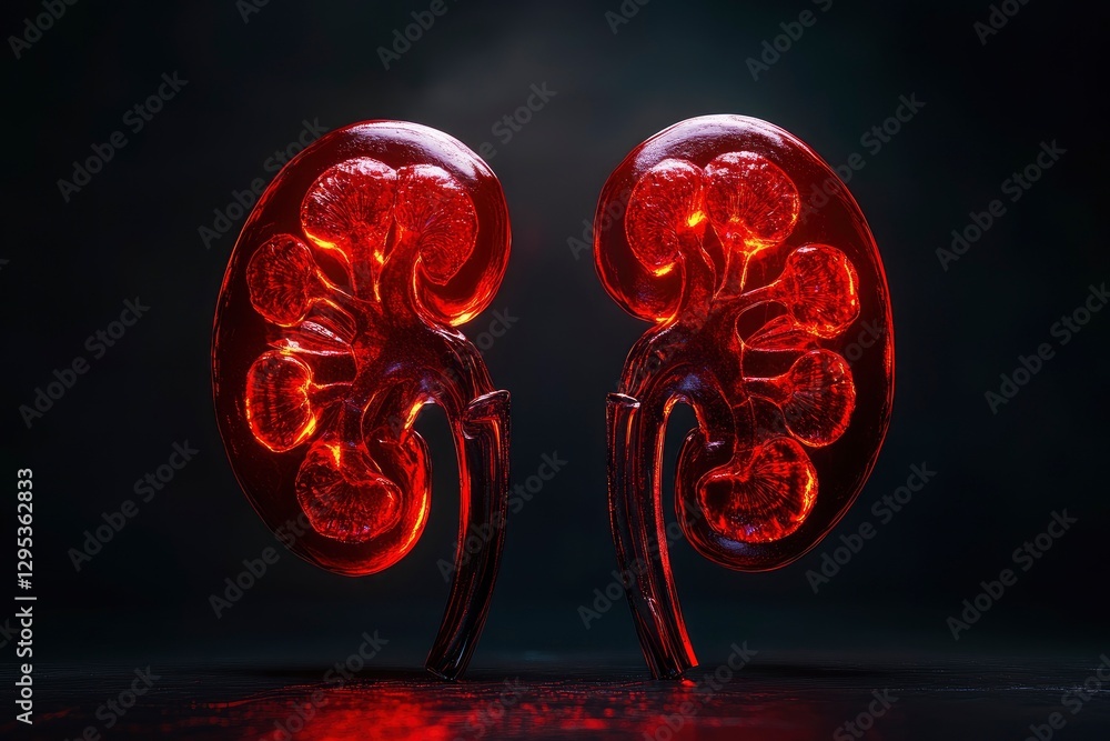 Poster a human patient's left and right kidneys with a dark background, focusing on the red color theme in 