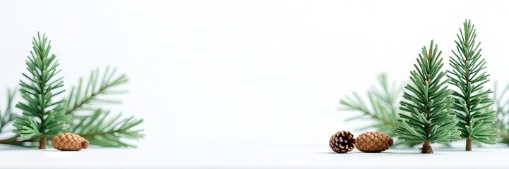 Fototapeta premium Clean white backdrop, stylized pine trees & cones, minimalist design , image, illustration, wood