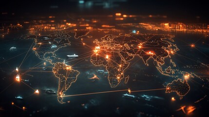 Global Network Connection of World Map with Orange Light and Ships and Industries