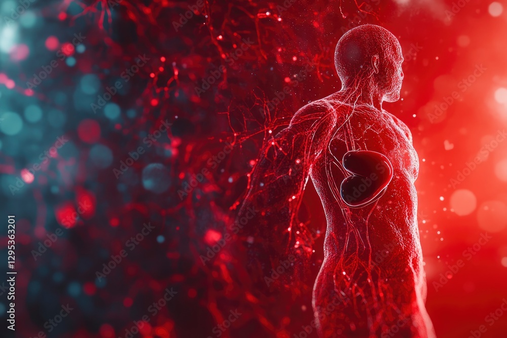 Poster red color splashing background with close-up focus on a human figure and kidney shape