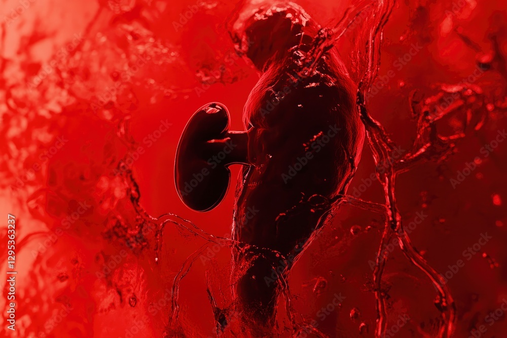 Poster red color splashing background with close-up focus on a human figure and kidney shape