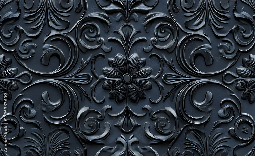 Poster intricate floral arabesque design with symmetrical patterns rendered in dark, monochromatic tones fo