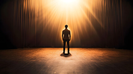 A Dramatic Moment of Anticipation on Stage with Spotlight Illuminating Performer Against Dark Curtains