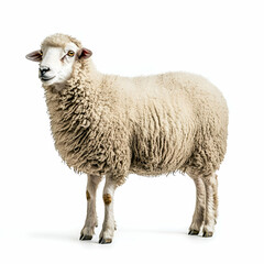Fototapeta premium Isolated close-up of a white woolly sheep standing gracefully on a clean white background, showcasing its soft fleece and gentle demeanor in a studio shot