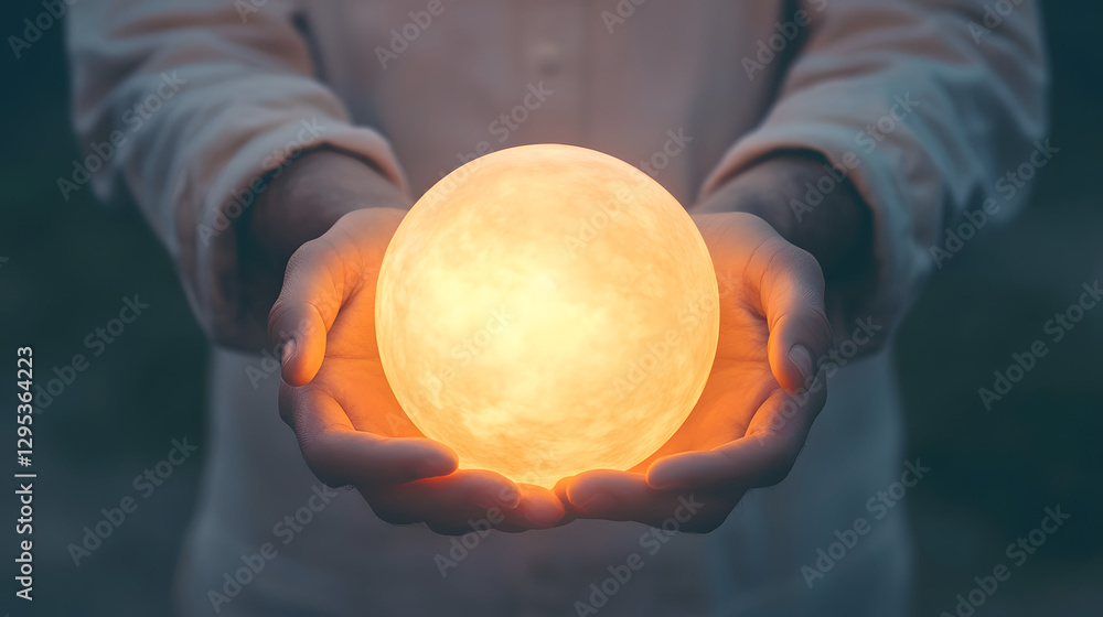 Wall mural enigmatic figure holding a glowing orb with soft light against a dim background