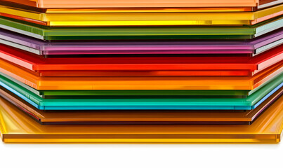 Vibrant stack of colorful glass sheets, showcasing a spectrum of hues. Ideal for design, backgrounds, and creative projects.