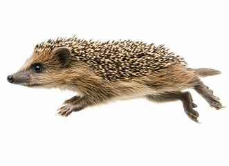 Isolated Image of a European Hedgehog Leaping with Graceful Agility on a Pristine White Background, Capturing Movement and Detail in Studio Lighting